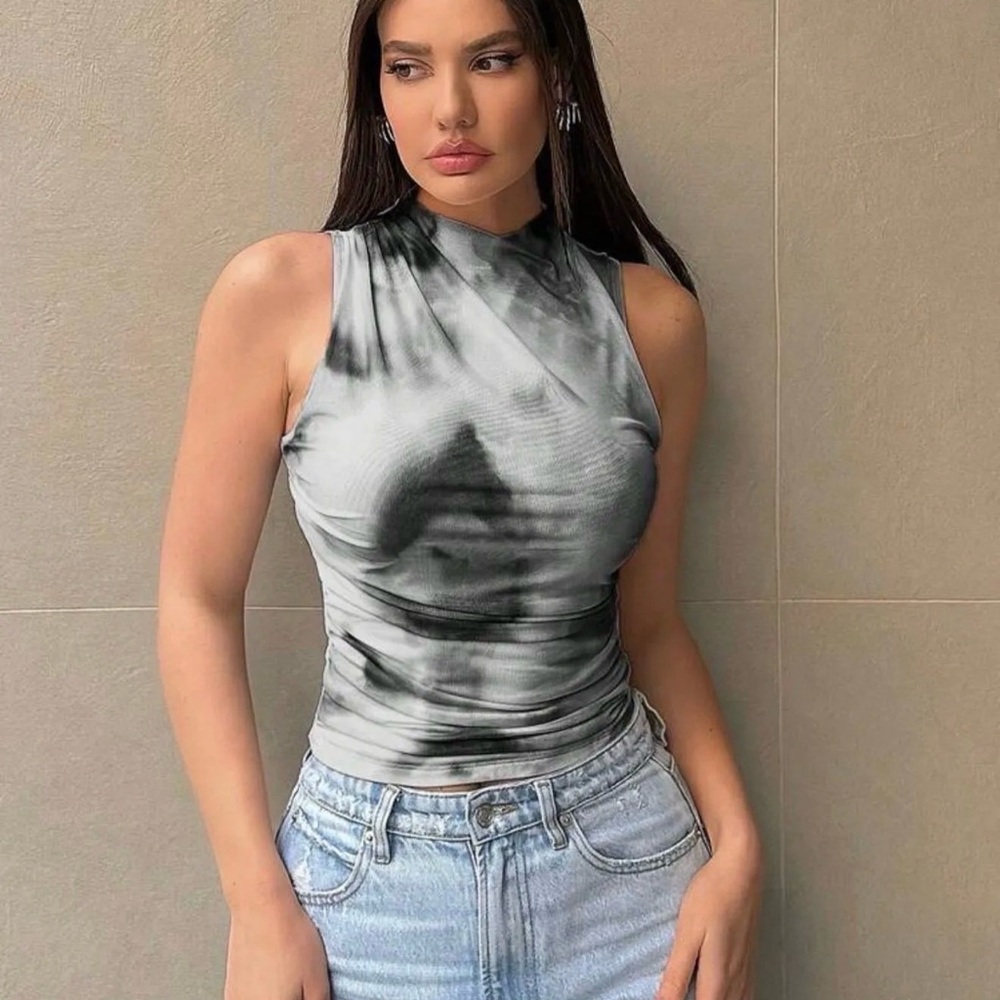 SHEIN Black & White Tie-Dye Mock Neck Tank Top